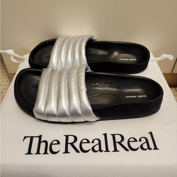 Isabel Marant  "Hellea" Silver Nappa Quilted Leather Slide Sandals Sz.7 Ret.$420 - Picture 1 of 12